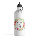 Books & Coffee - Stainless Steel Eco-friendly Water Bottle with bookish floral design - Gifts For Reading Addicts