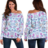 BLUE BOOK PATTERN OFF SHOULDER SWEATER - Gifts For Reading Addicts