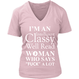 I'm an intelligent classy woman who says fuck alot V-neck - Gifts For Reading Addicts