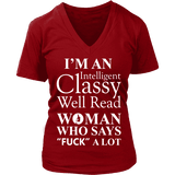 I'm an intelligent classy woman who says fuck alot V-neck - Gifts For Reading Addicts