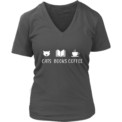 "Cats Books Coffee" V-neck Tshirt - Gifts For Reading Addicts