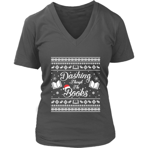 "Dashing Through The Books" V-neck Tshirt - Gifts For Reading Addicts