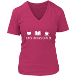 "Cats Books Coffee" V-neck Tshirt - Gifts For Reading Addicts