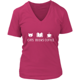 "Cats Books Coffee" V-neck Tshirt - Gifts For Reading Addicts