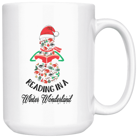 "Reading in a winter wonderland" 15oz white mug - Gifts For Reading Addicts