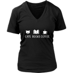 "Cats Books Coffee" V-neck Tshirt - Gifts For Reading Addicts