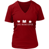 "Cats Books Coffee" V-neck Tshirt - Gifts For Reading Addicts